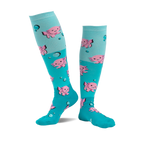 pair of knee high socks with pink dancing axolotls. blue undertones with bubbles scattered around.