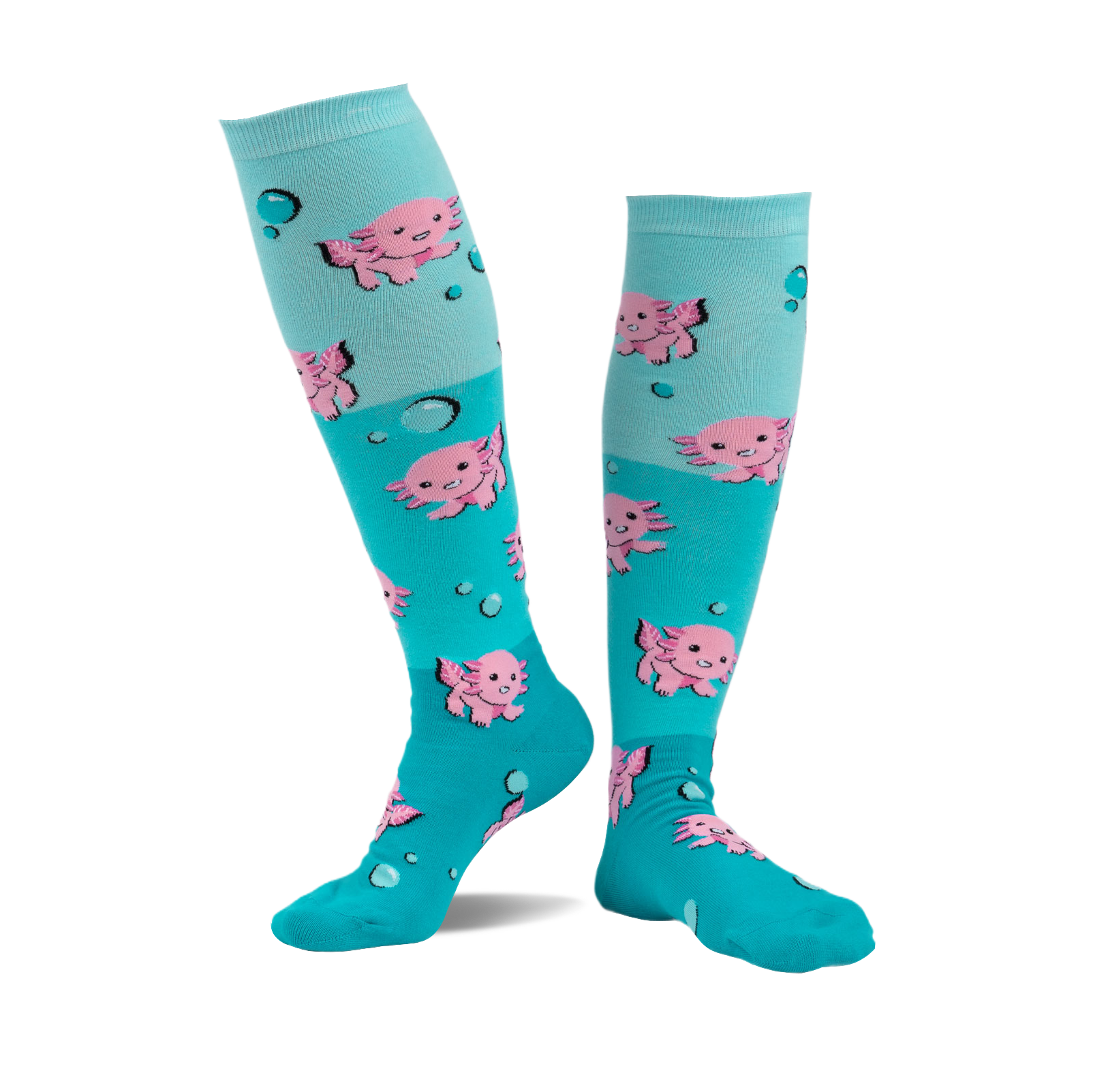 pair of knee high socks with pink dancing axolotls. blue undertones with bubbles scattered around.