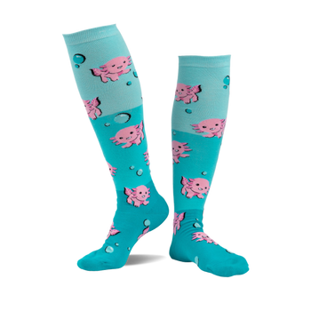 pair of knee high socks with pink dancing axolotls. blue undertones with bubbles scattered around.