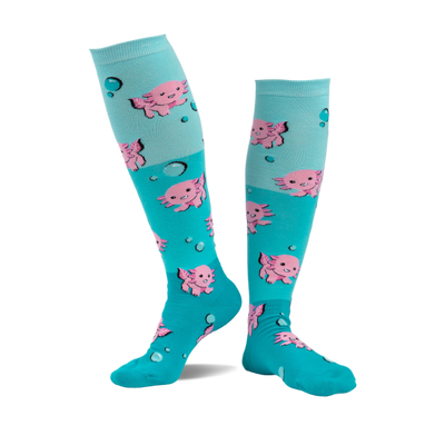 pair of knee high socks with pink dancing axolotls. blue undertones with bubbles scattered around.