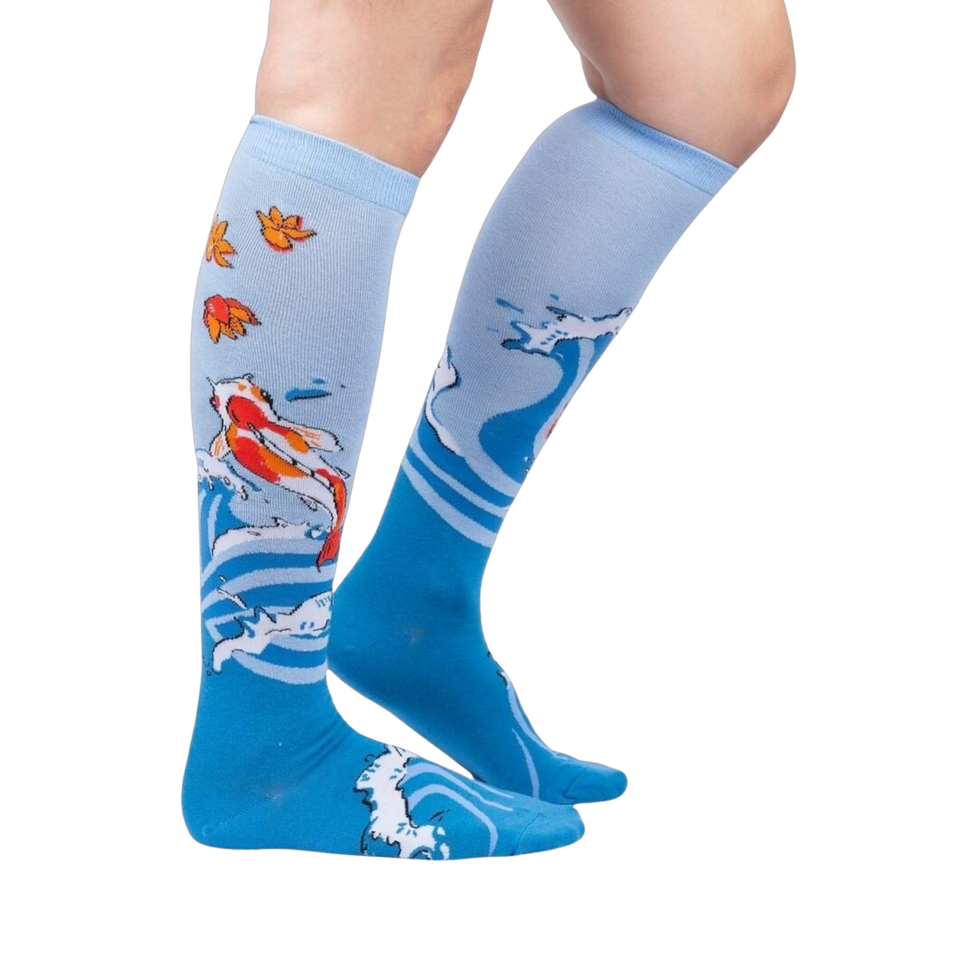 Lifestyle shot of a person wearing the 'Beauty in Water' knee-high socks, showcasing the design and fit.