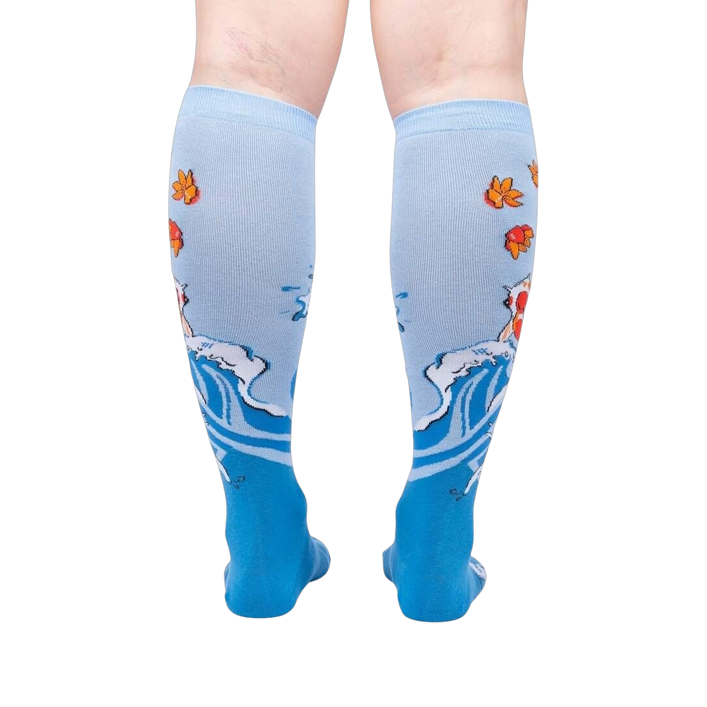 Rear view of a pair of 'Beauty in Water' knee-high socks, highlighting the full design detail on the back of the socks.