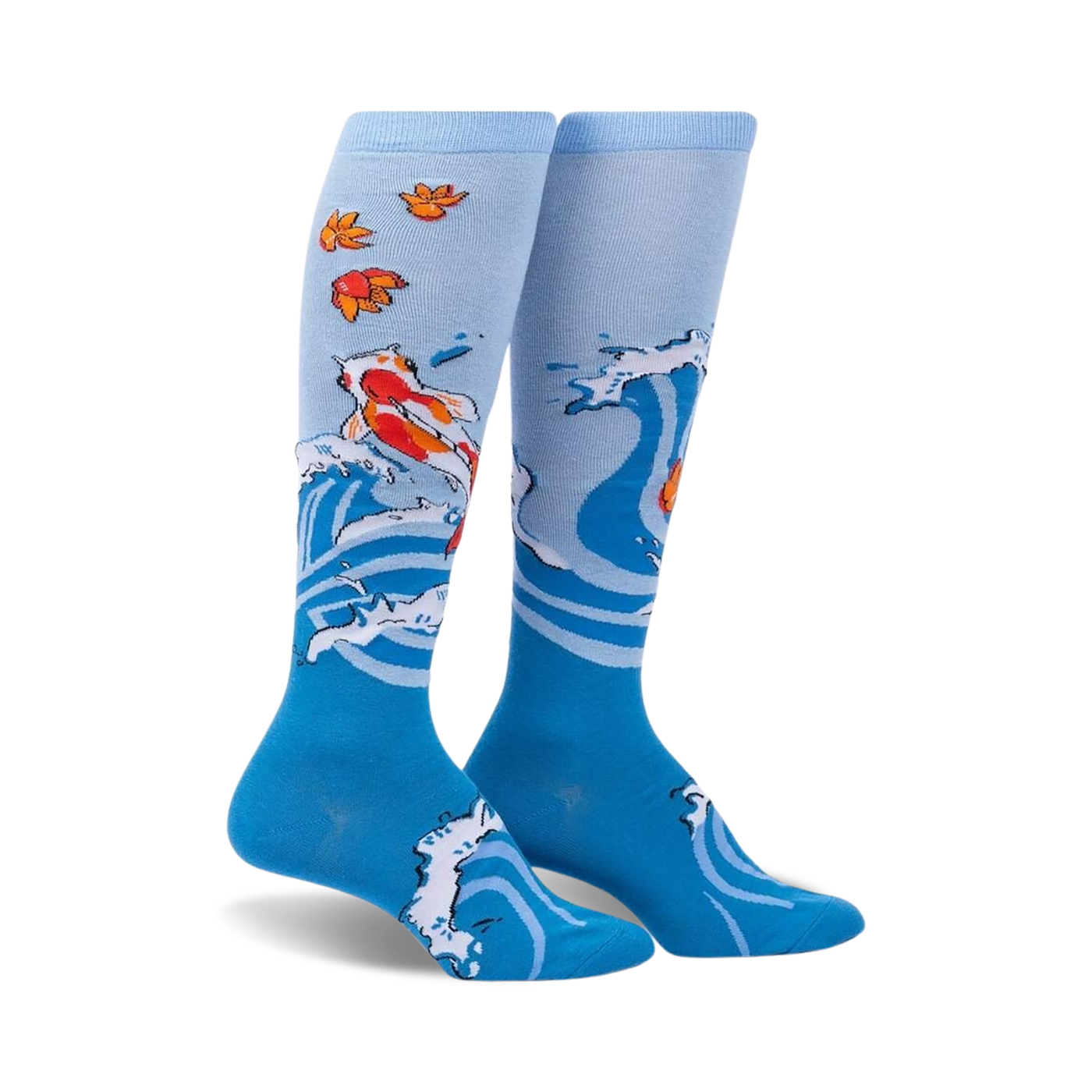 Pair of blue knee-high socks with a design of koi fish swimming in stylized waves and autumn leaves. 