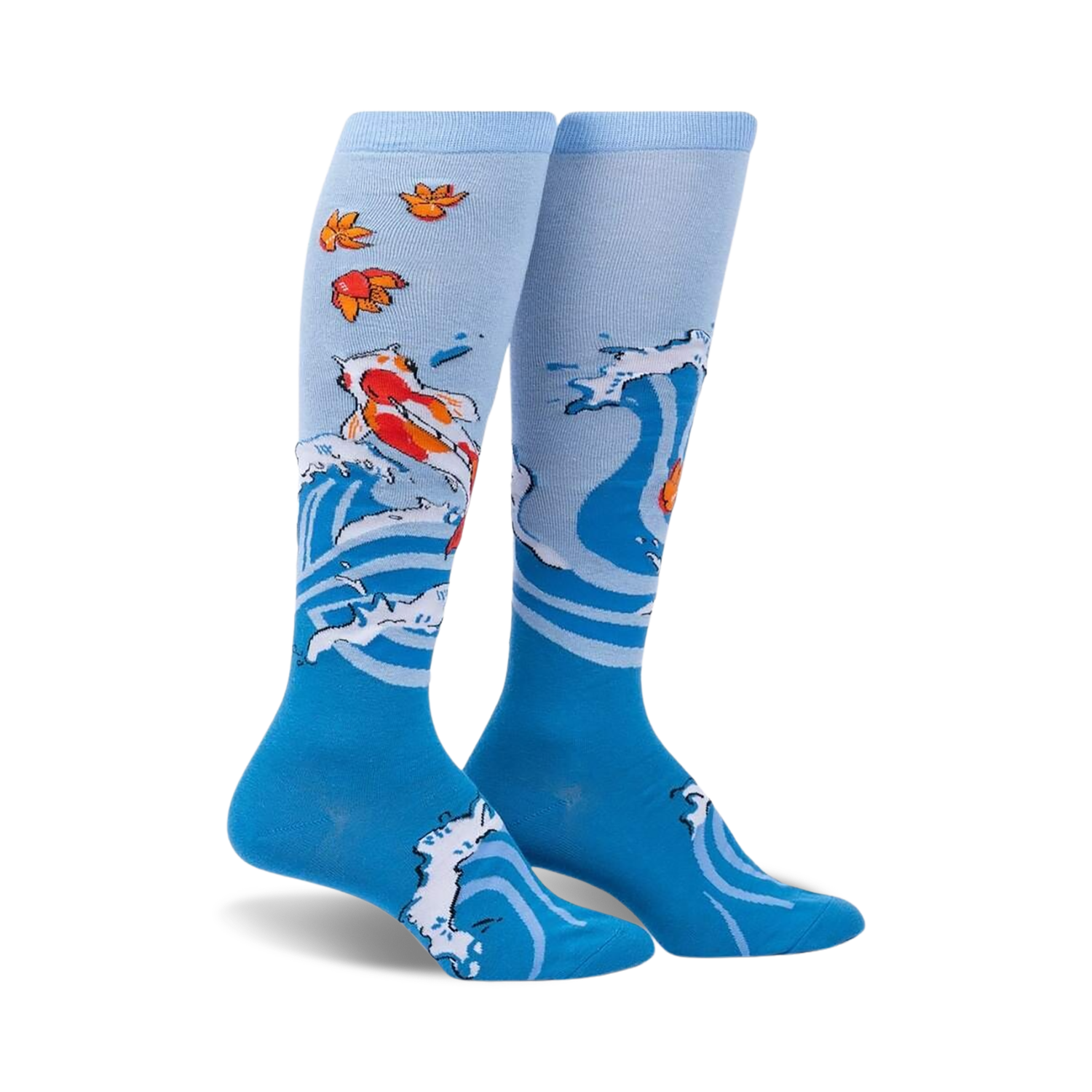 Pair of blue knee-high socks with a design of koi fish swimming in stylized waves and autumn leaves. 