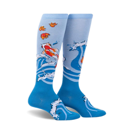 blue knee-high socks for women with orange and white koi fish design and orange leaves, title: beauty in water  