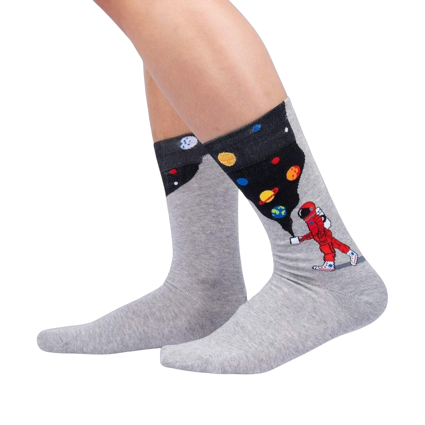 Lifestyle shot showing the 'Moon Walk in the Morning' socks on a person's legs against a black background.