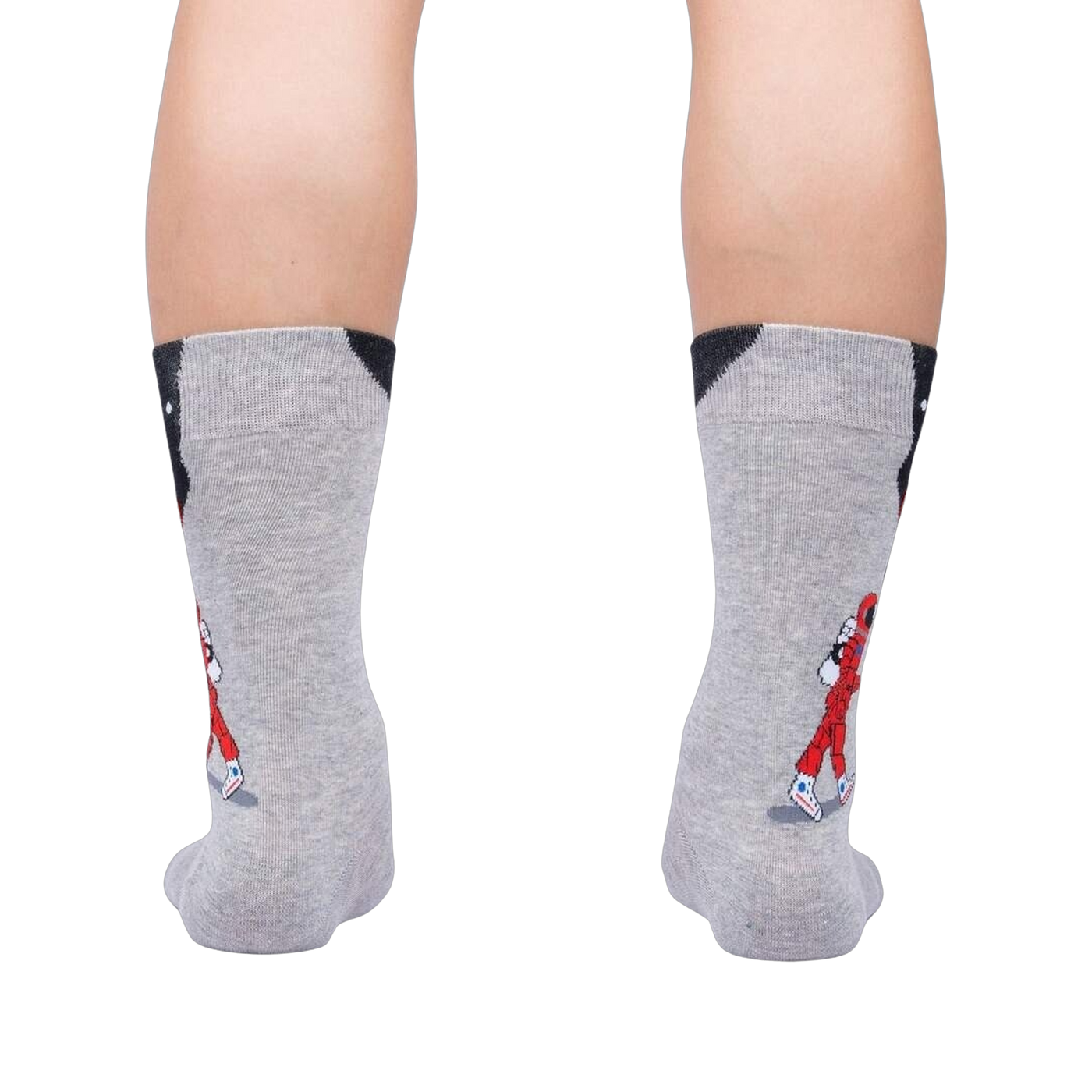 Rear view of the 'Moon Walk in the Morning' socks on a person's legs, showcasing the back design.