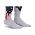 Pair of grey crew socks with a design featuring an astronaut painting planets onto a dark background. 