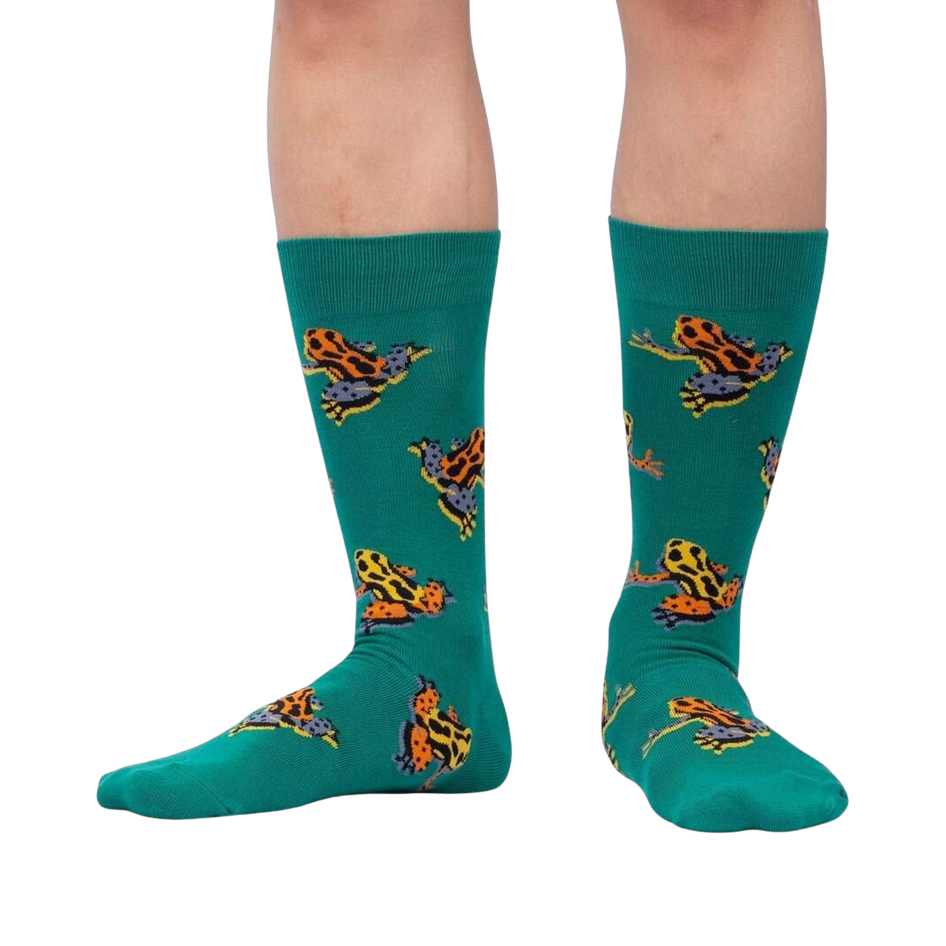 Lifestyle shot showing the Poison Dart Frog socks on a person's legs, showcasing the fit and pattern.