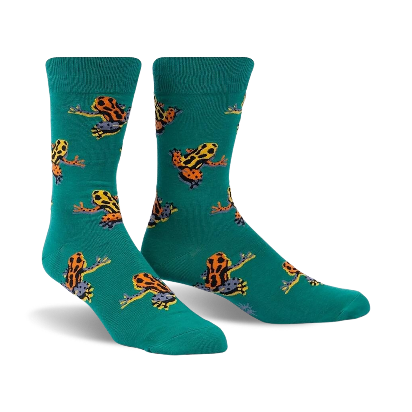 Pair of teal crew socks with a pattern of colorful poison dart frogs.  Orange, yellow, and black frogs on a teal background.