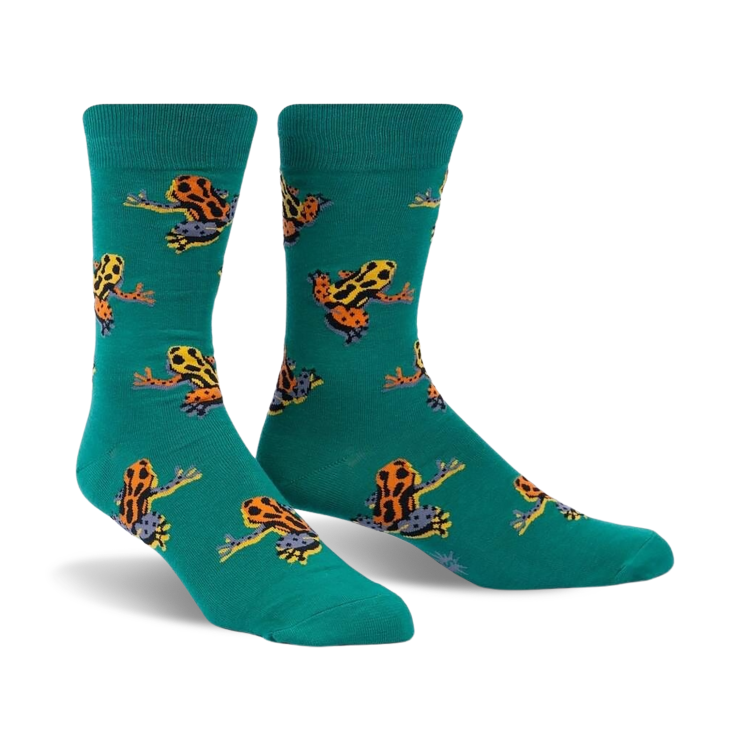 Pair of teal crew socks with a pattern of colorful poison dart frogs.  Orange, yellow, and black frogs on a teal background.