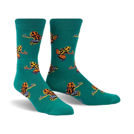 mens teal crew socks with bright yellow and orange poison dart frog pattern   