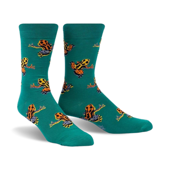 mens teal crew socks with bright yellow and orange poison dart frog pattern   
