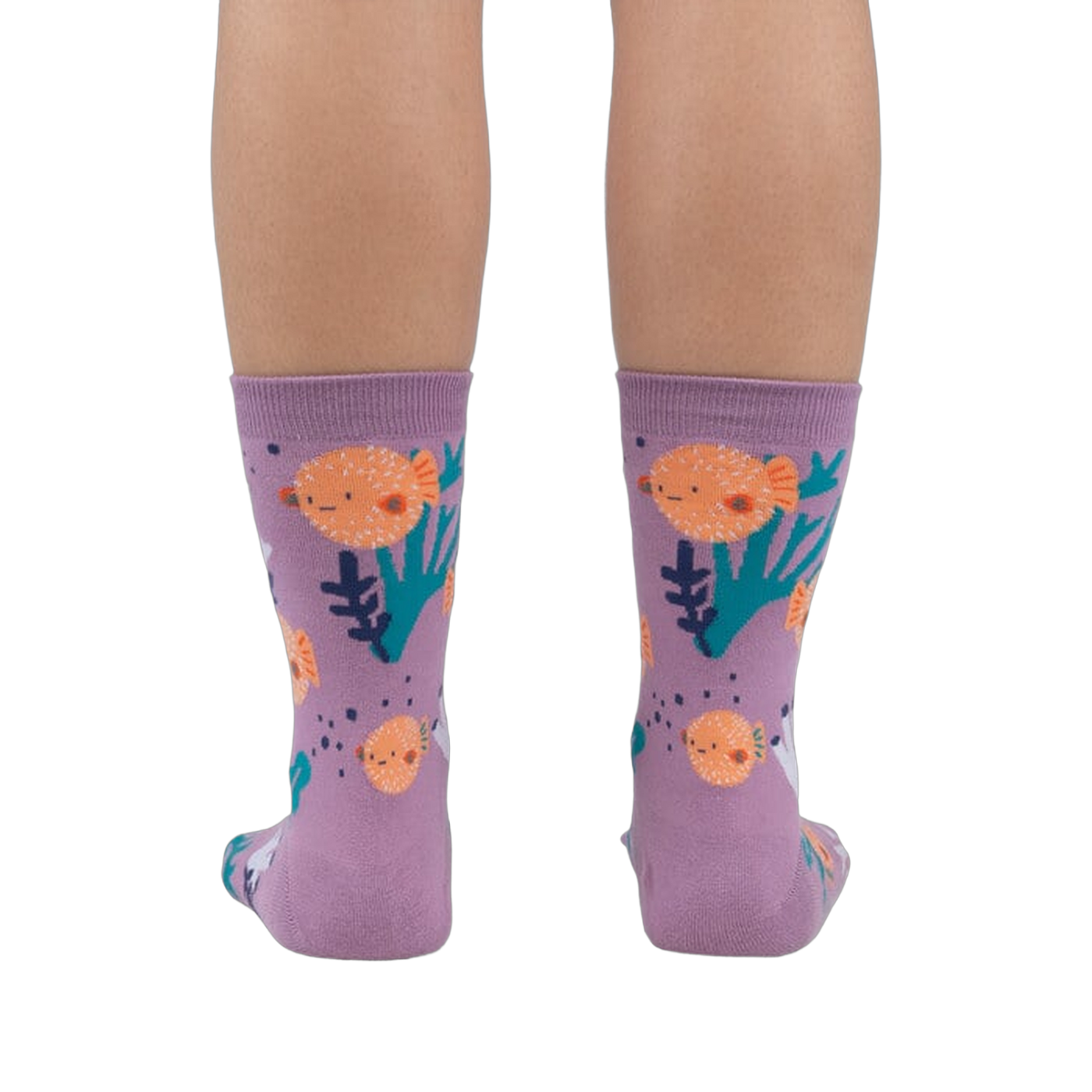 Rear view of a person wearing the lavender crew socks, showcasing the full design.