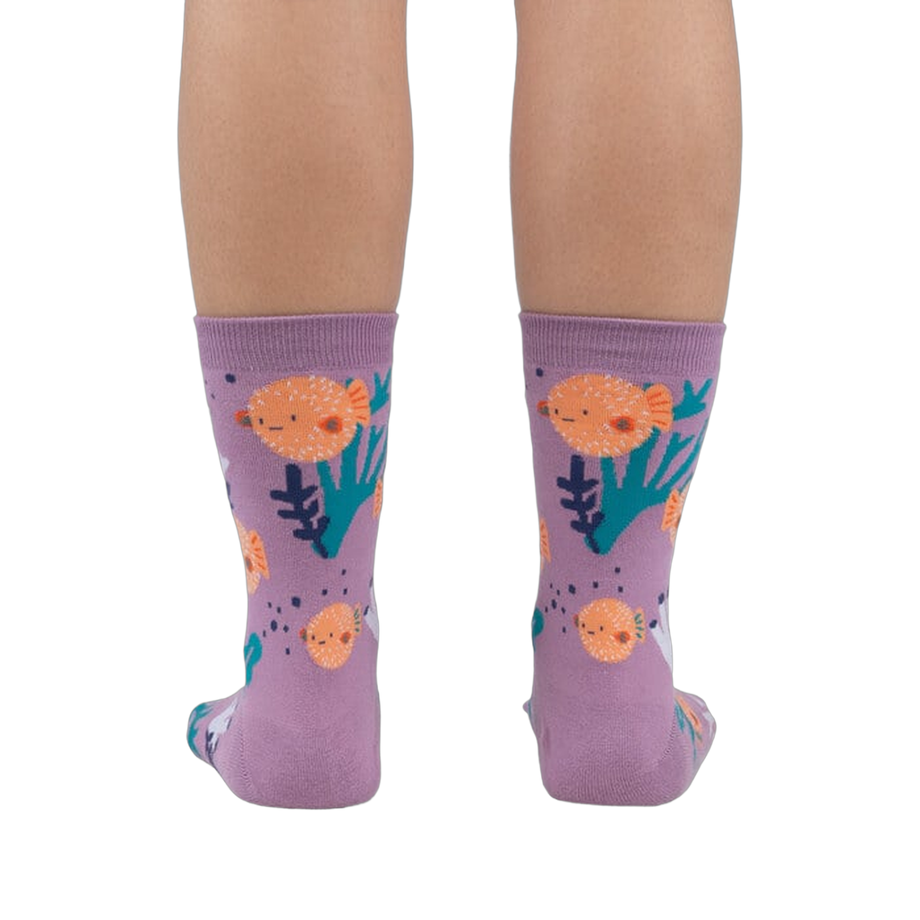 Rear view of a person wearing the lavender crew socks, showcasing the full design.