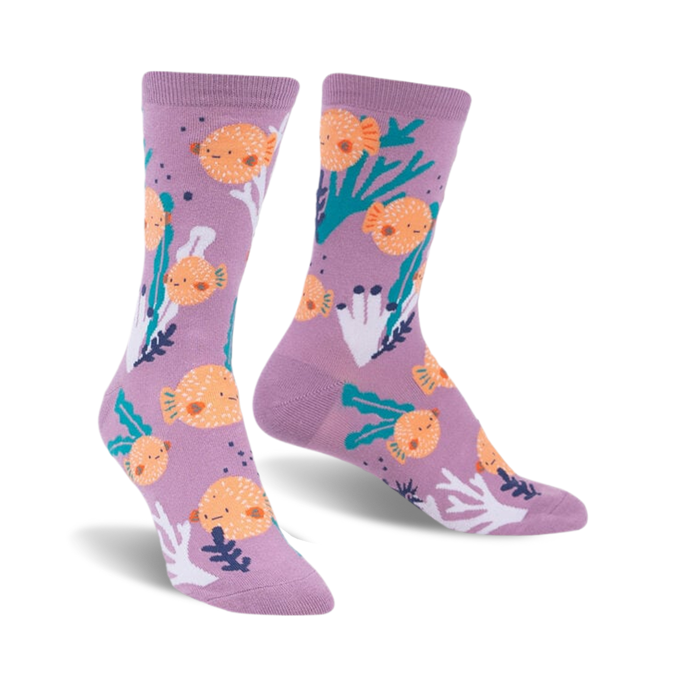 Lavender crew socks featuring a whimsical pufferfish and sea plant design. Orange pufferfish stand out against the purple background.