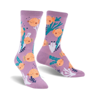 Lavender crew socks featuring a whimsical pufferfish and sea plant design. Orange pufferfish stand out against the purple background.