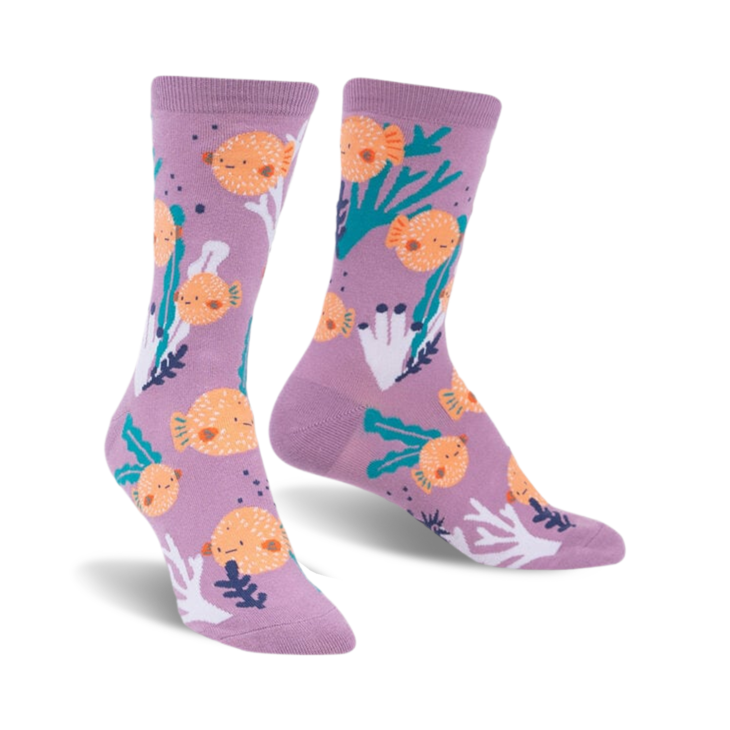 Lavender crew socks featuring a whimsical pufferfish and sea plant design. Orange pufferfish stand out against the purple background.