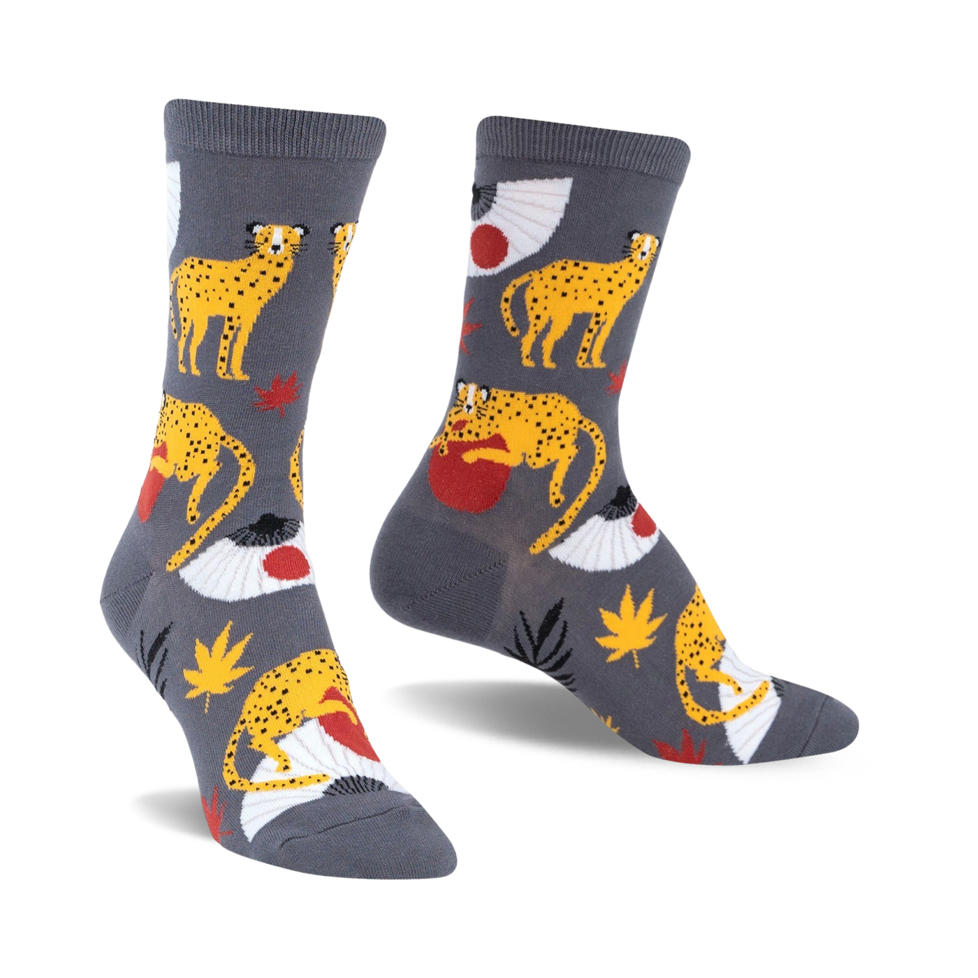 Crew socks in grey featuring yellow cheetahs, red-and-white Japanese fans, and maple leaves. Fun, adventurous style.