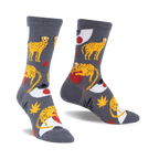 Crew socks in grey featuring yellow cheetahs, red-and-white Japanese fans, and maple leaves. Fun, adventurous style.
