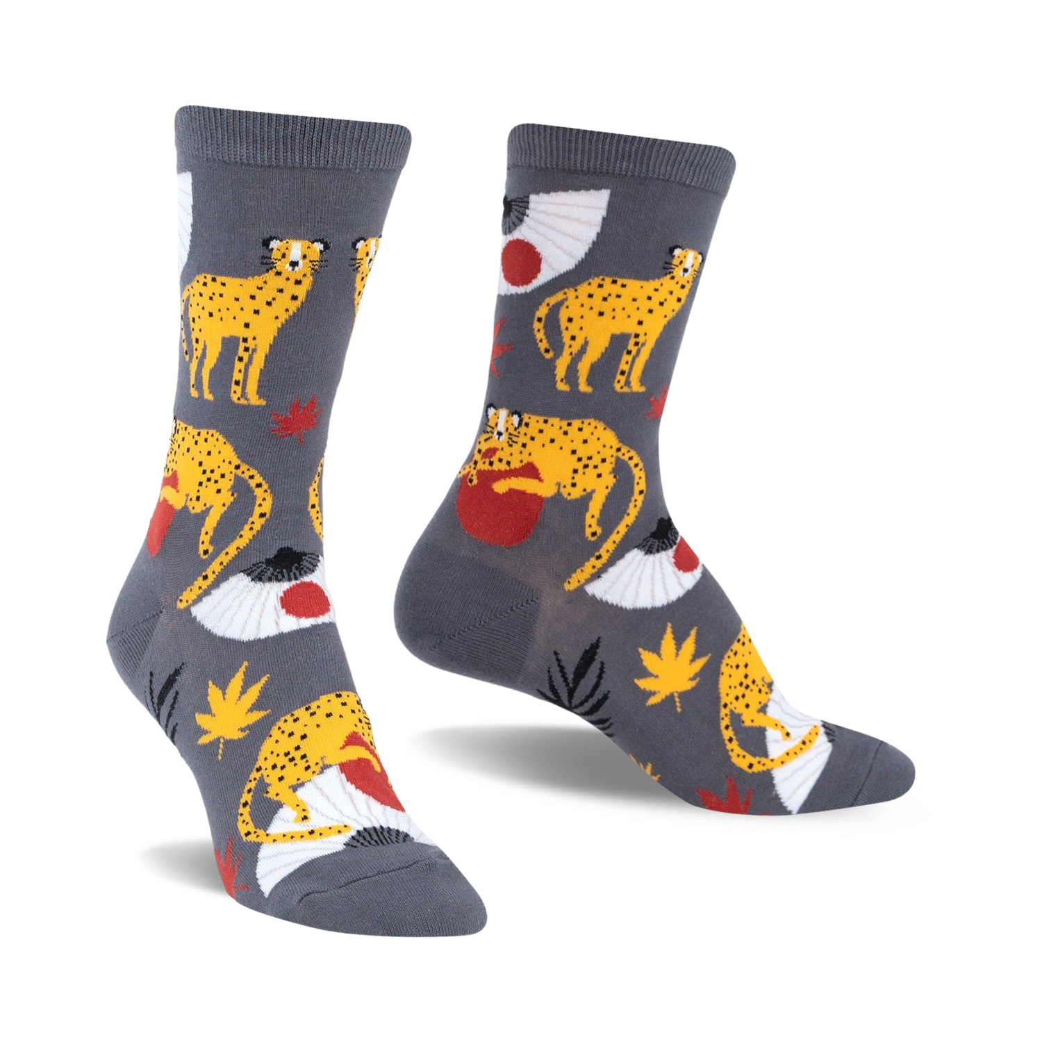 Crew socks in grey featuring yellow cheetahs, red-and-white Japanese fans, and maple leaves. Fun, adventurous style.