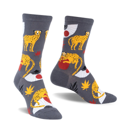 crew socks for women feature cheetahs, japanese maple leaves, and red and white fans.  
