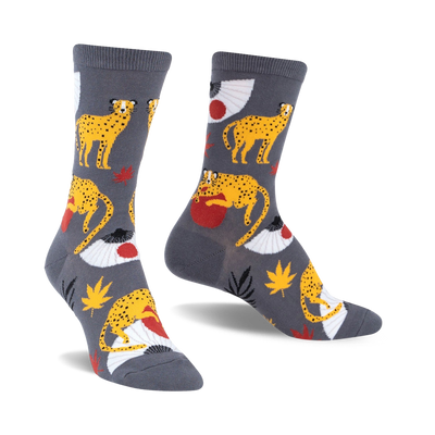 crew socks for women feature cheetahs, japanese maple leaves, and red and white fans.  