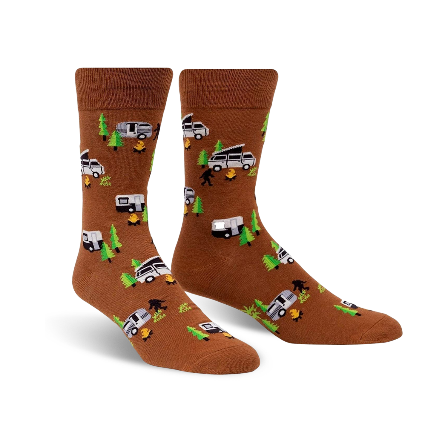 Brown crew socks with a fun design featuring campervans, Bigfoot, and pine trees. Perfect for travel and adventure!