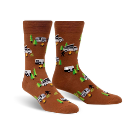 brown crew socks with white camper vans, green trees, and black bigfoot pattern for men.   