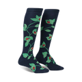 Pair of navy blue knee-high socks with a whimsical pattern of ladybugs and green leaves climbing a vine.