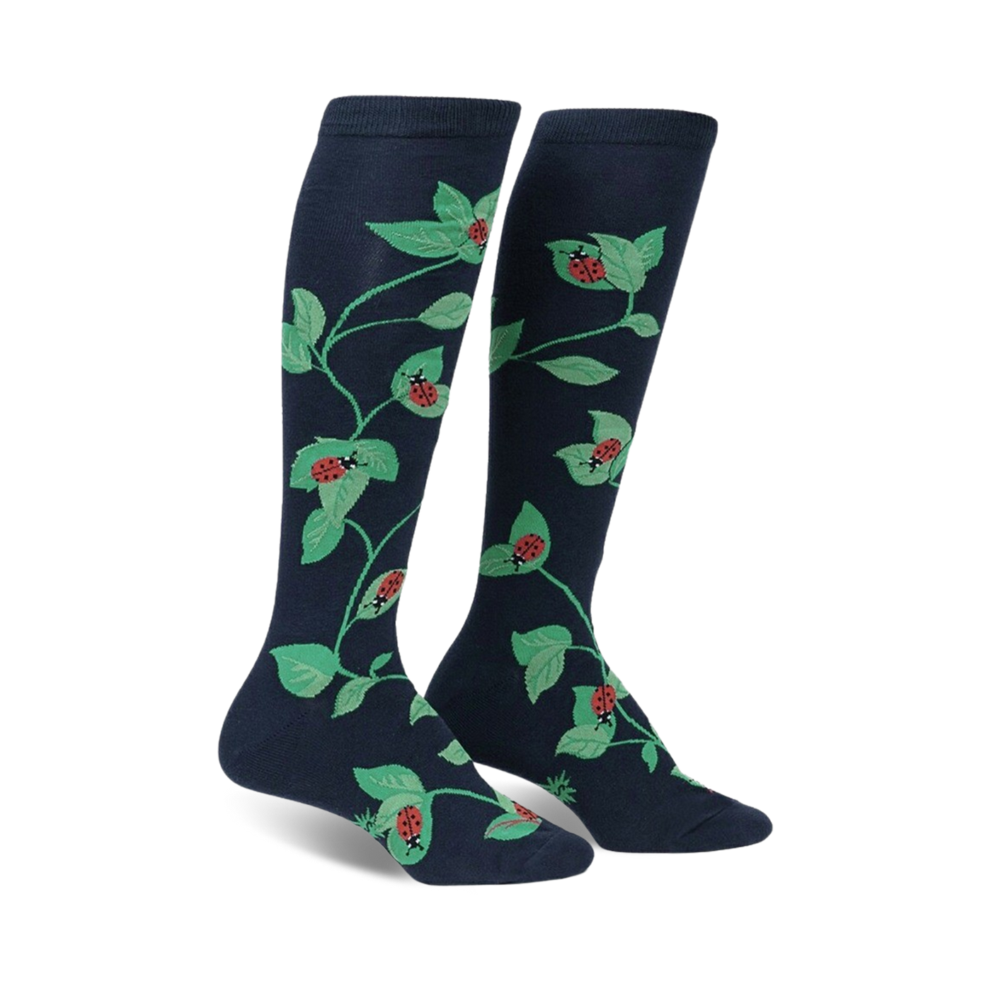 Pair of navy blue knee-high socks with a whimsical pattern of ladybugs and green leaves climbing a vine.