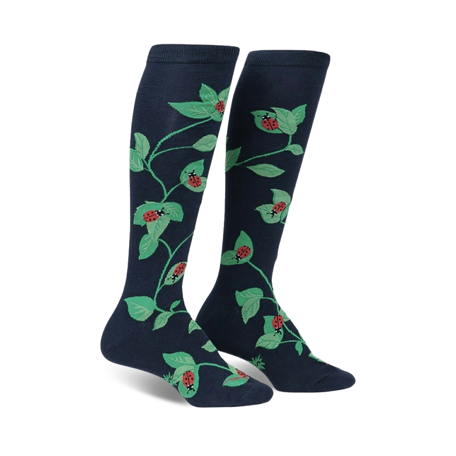 Pair of navy blue knee-high socks with a whimsical pattern of ladybugs and green leaves climbing a vine.