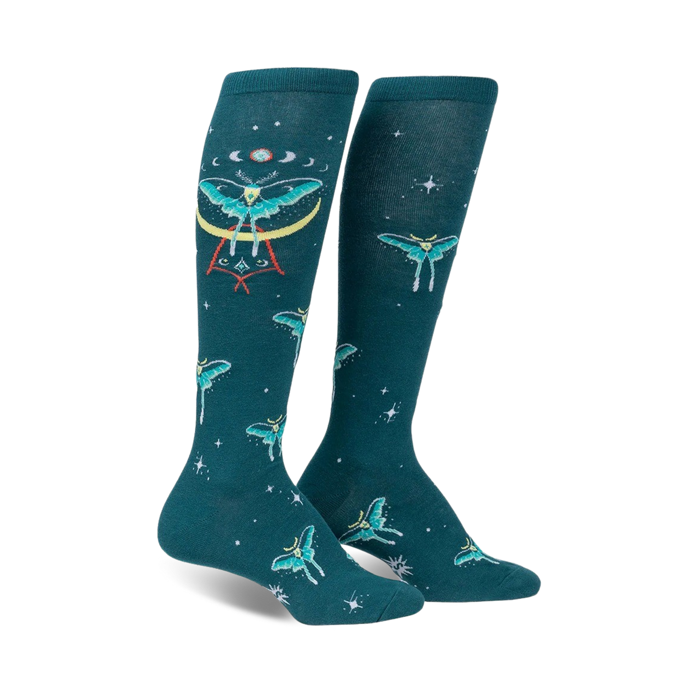 Pair of teal knee-high socks featuring a repeating pattern of mystical moths, celestial moons, and stars. 