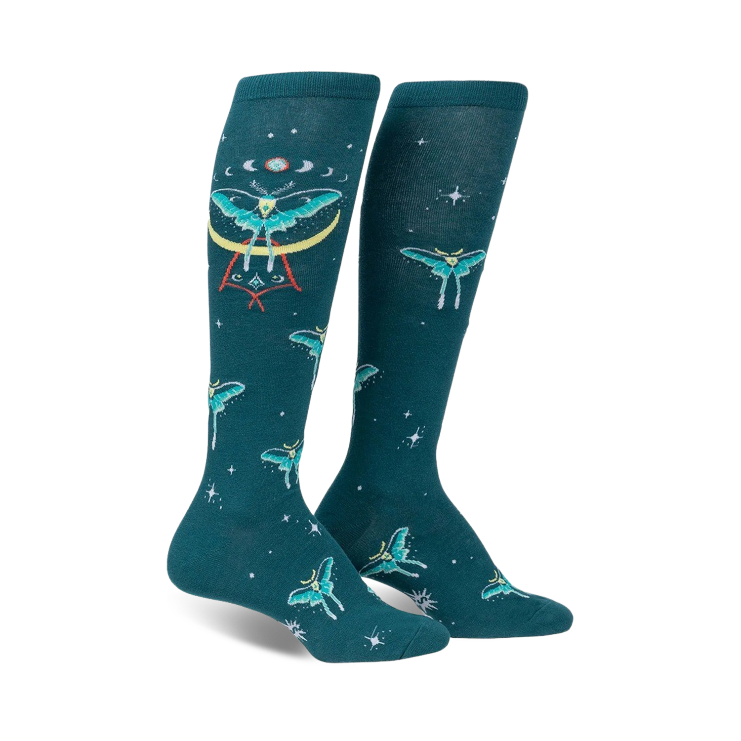 Pair of teal knee-high socks featuring a repeating pattern of mystical moths, celestial moons, and stars. 