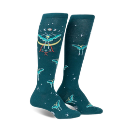 dark teal knee-high women's socks feature moths, moons, and stars pattern.  