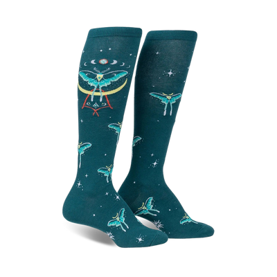 dark teal knee-high women's socks feature moths, moons, and stars pattern.  