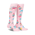 Pair of pink knee-high socks with gnomes, unicorns, mermaids, and rainbows.  Features 'Magic AF' text.