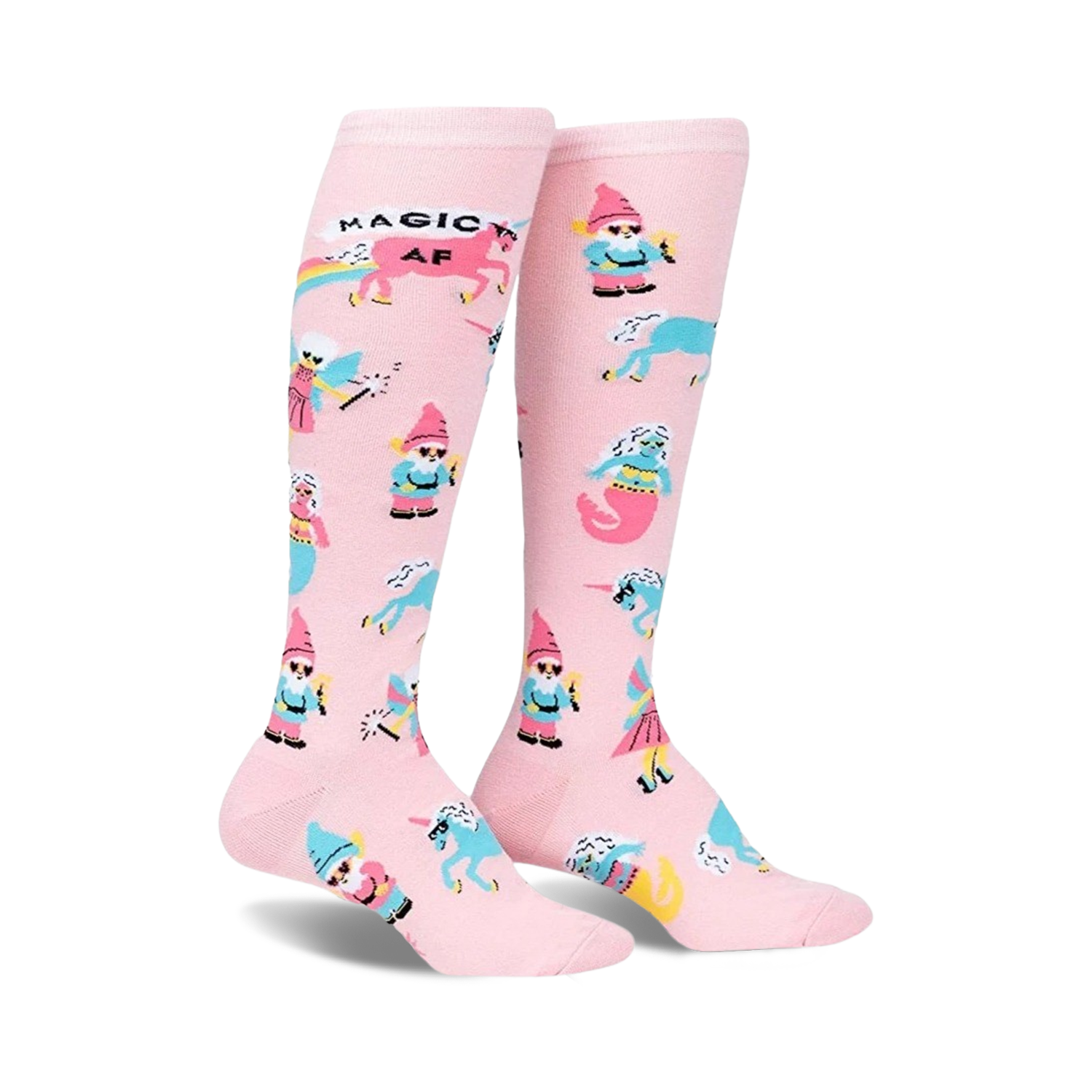 Pair of pink knee-high socks with gnomes, unicorns, mermaids, and rainbows.  Features 'Magic AF' text.