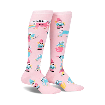 pink, knee-high socks feature magical creatures like unicorns, wizards, mermaids, and gnomes.   