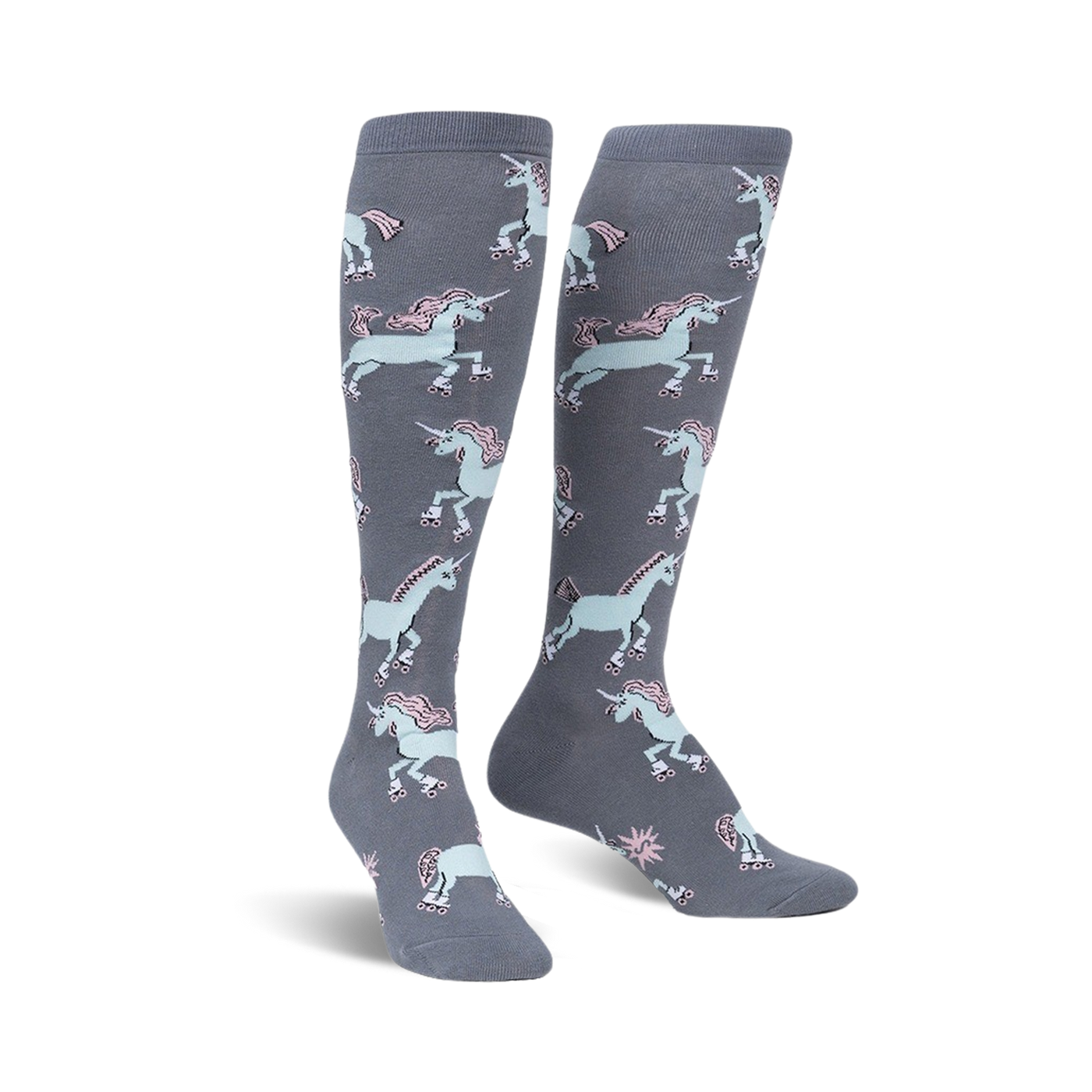 Pair of grey knee-high socks with a repeating pattern of pastel pink and blue roller-skating unicorns.