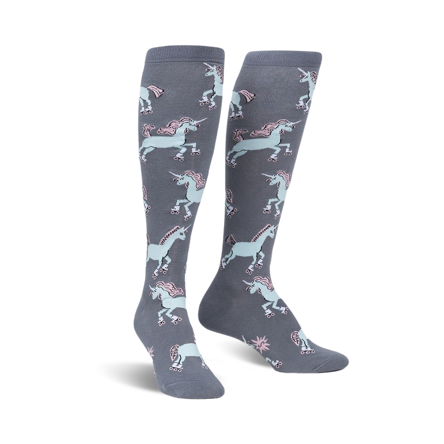 Pair of grey knee-high socks with a repeating pattern of pastel pink and blue roller-skating unicorns.