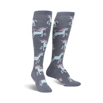 pink and blue unicorn roller skate pattern knee high women's socks.  