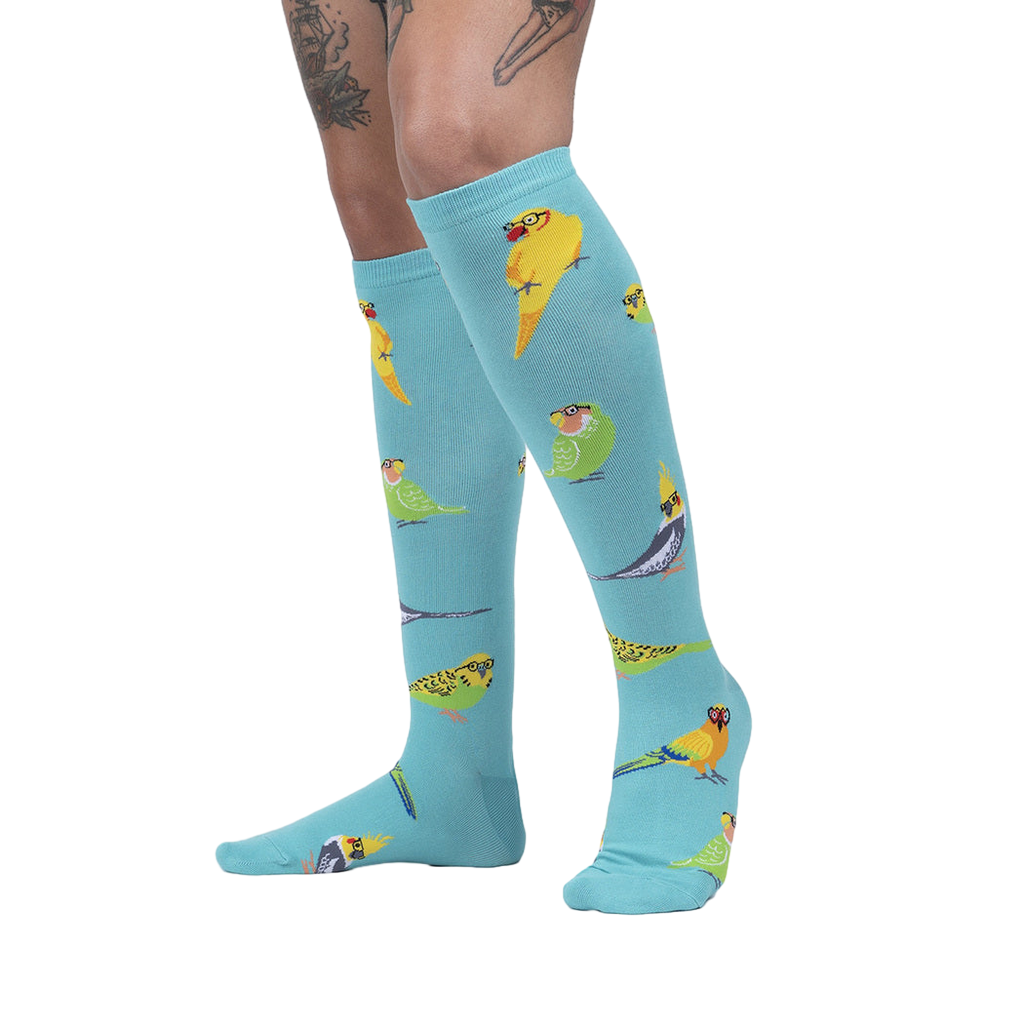 Lifestyle shot: Model wearing the Pretty Birds knee-high socks, showing off their fun style.