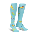 Pair of teal knee-high socks with colorful birds wearing glasses.  Fun, quirky design.
