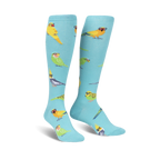 Pair of teal knee-high socks with colorful birds wearing glasses.  Fun, quirky design.