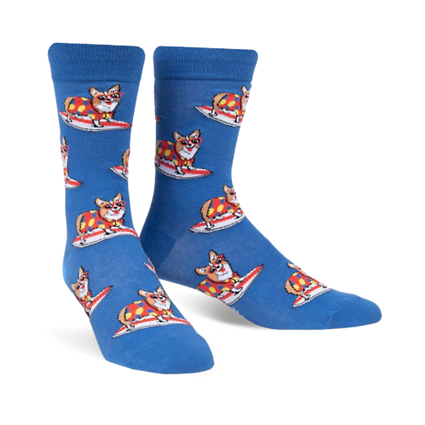 Pair of blue crew socks with repeating pattern of corgis wearing colorful shirts and surfing. 