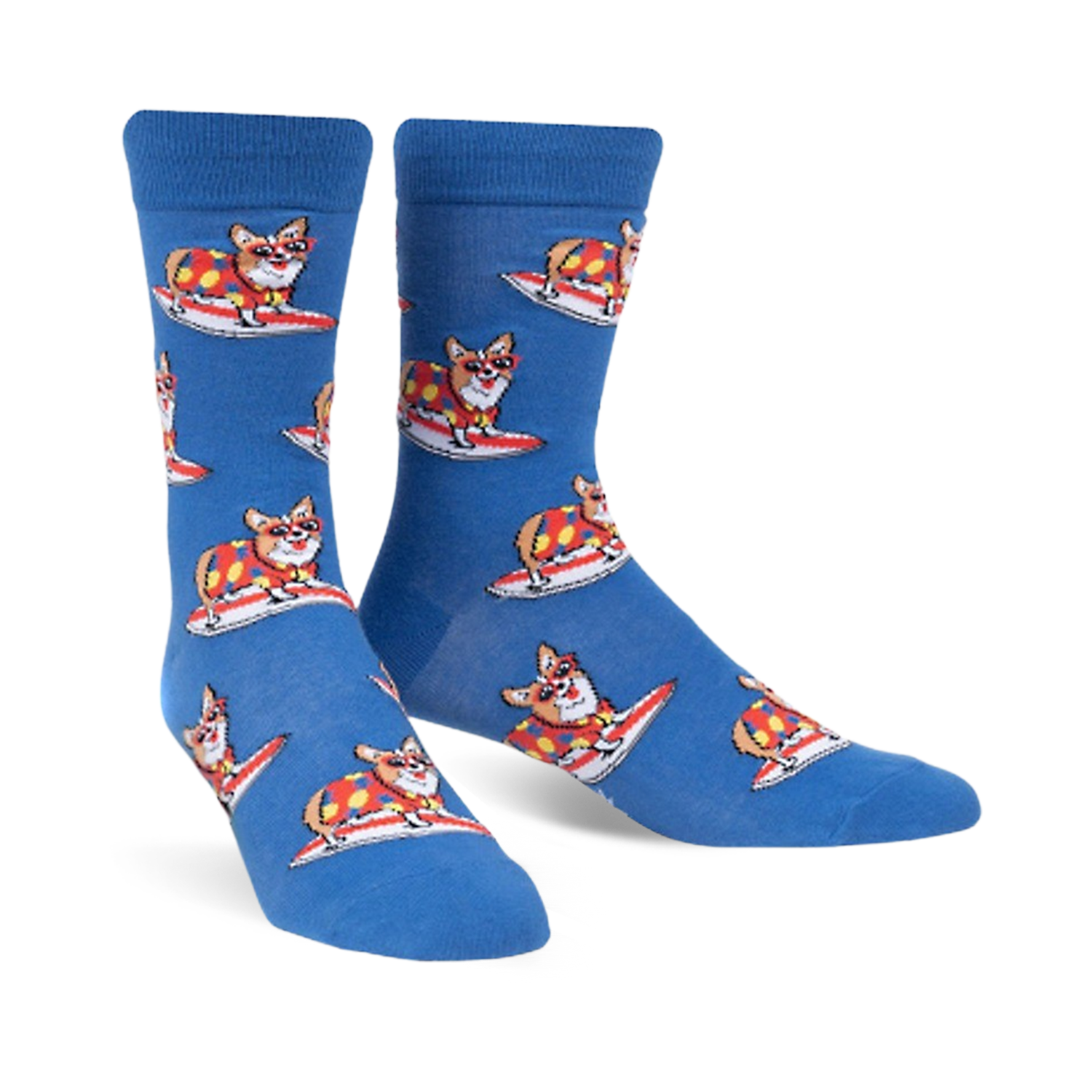 Pair of blue crew socks with repeating pattern of corgis wearing colorful shirts and surfing. 