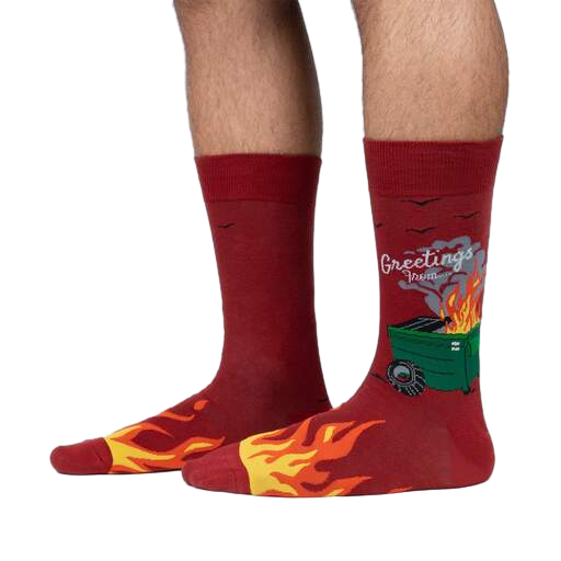 Lifestyle shot of a person's legs wearing the Dumpster Fire socks; showcases the fit and design on a model.
