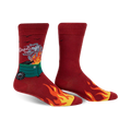 A pair of men's crew socks in red, featuring a burning dumpster graphic, flames along the bottom, and the text 'Greetings From'.