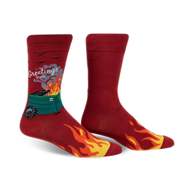 men's crew socks - dumpster fire design, funny novelty socks with burning dumpster graphic & "{greetings from...}" text.   